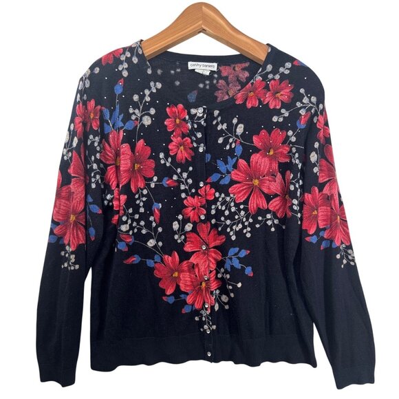 Cathy Daniels Sweaters - Vintage Cathy Daniels Womens Cardigan Sz XL Black/Red Floral Cottage Fairy Boho